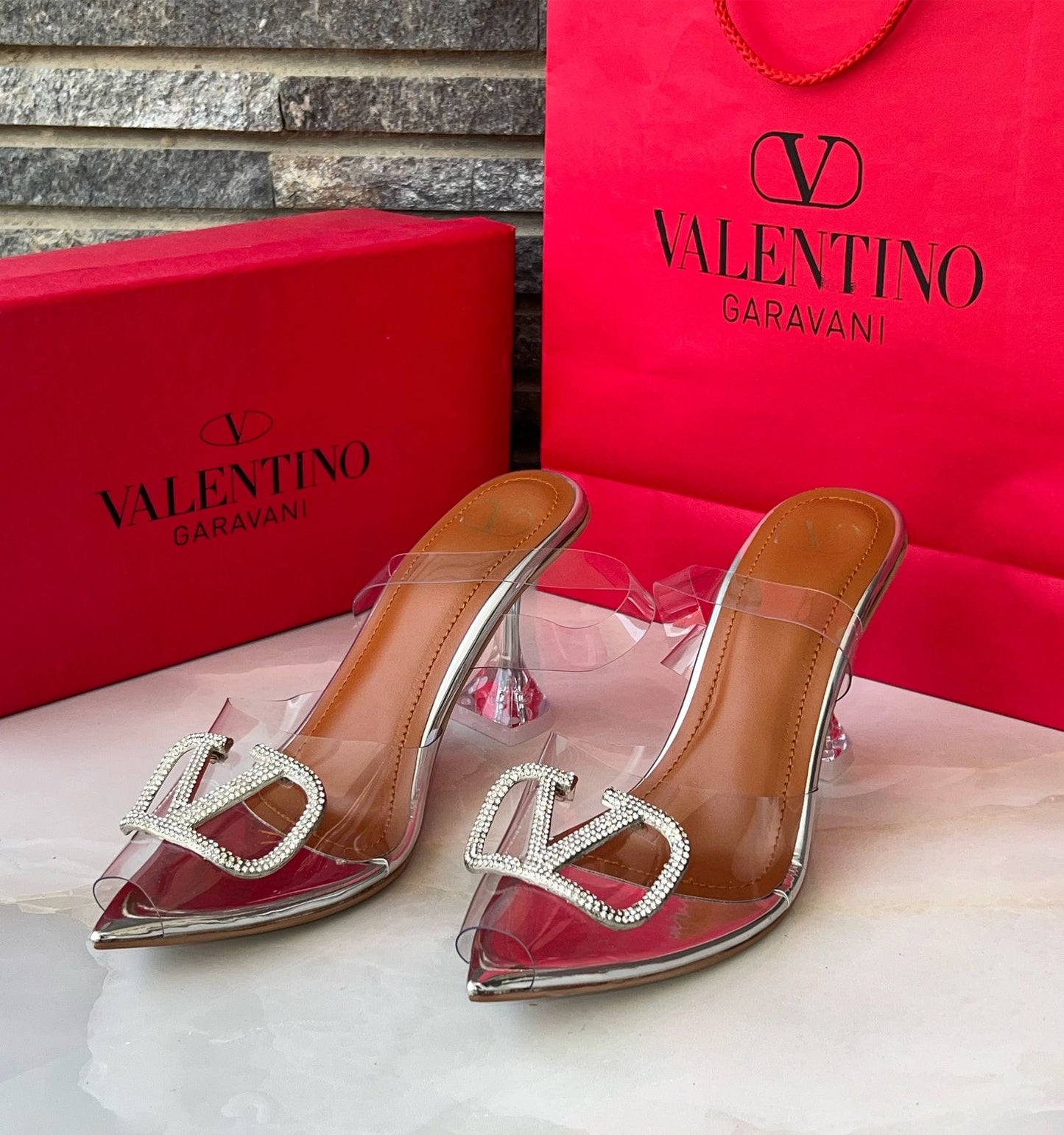 V Logo Stone Heels
