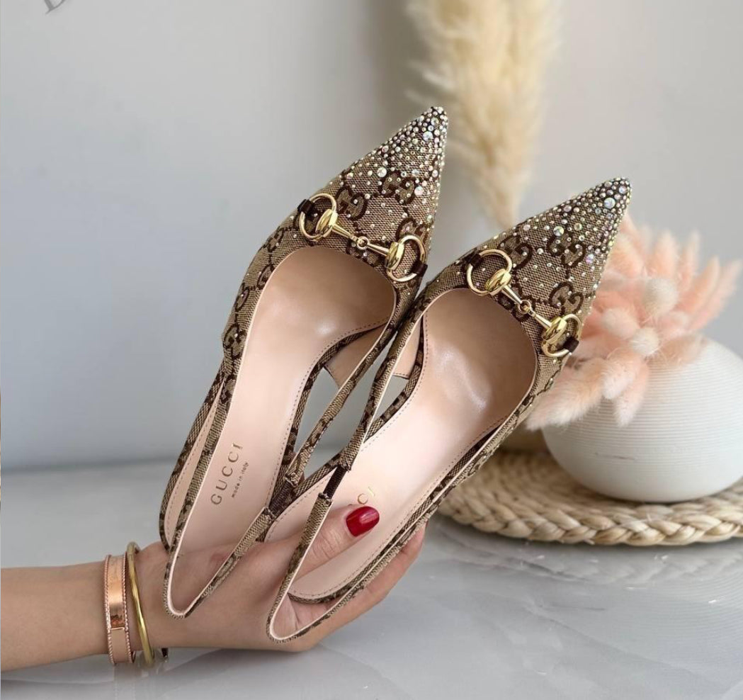 Gucci Horsebit GG Canvas Crystal-Embellished Slingback Pumps