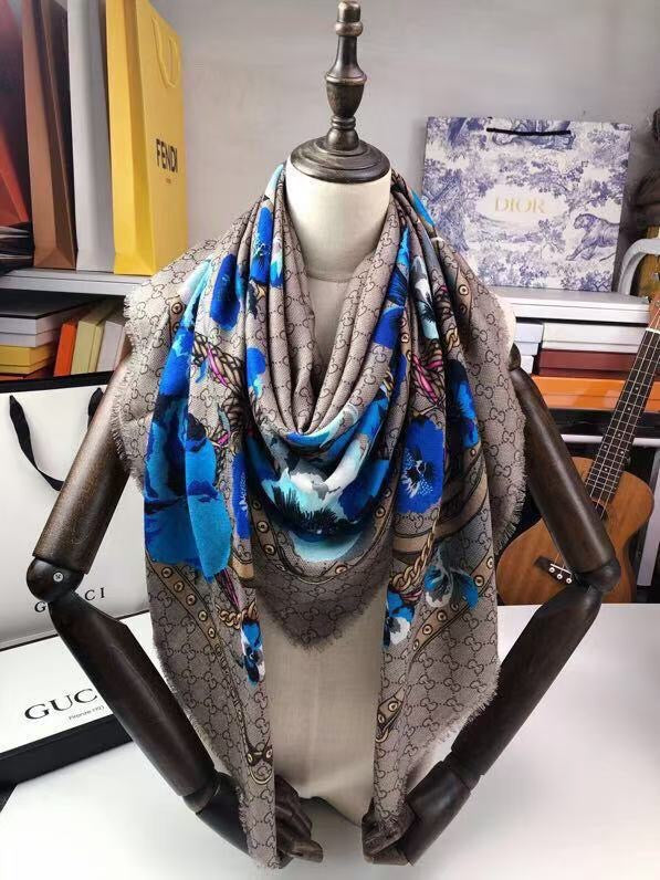 GUCCI BICOLOR GG FLORAL SCARF PRINT BLUE