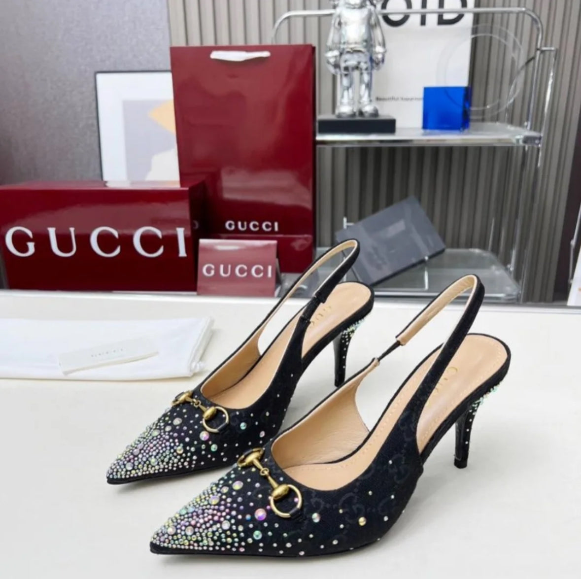 Gucci Horsebit GG Canvas Crystal-Embellished Slingback Pumps