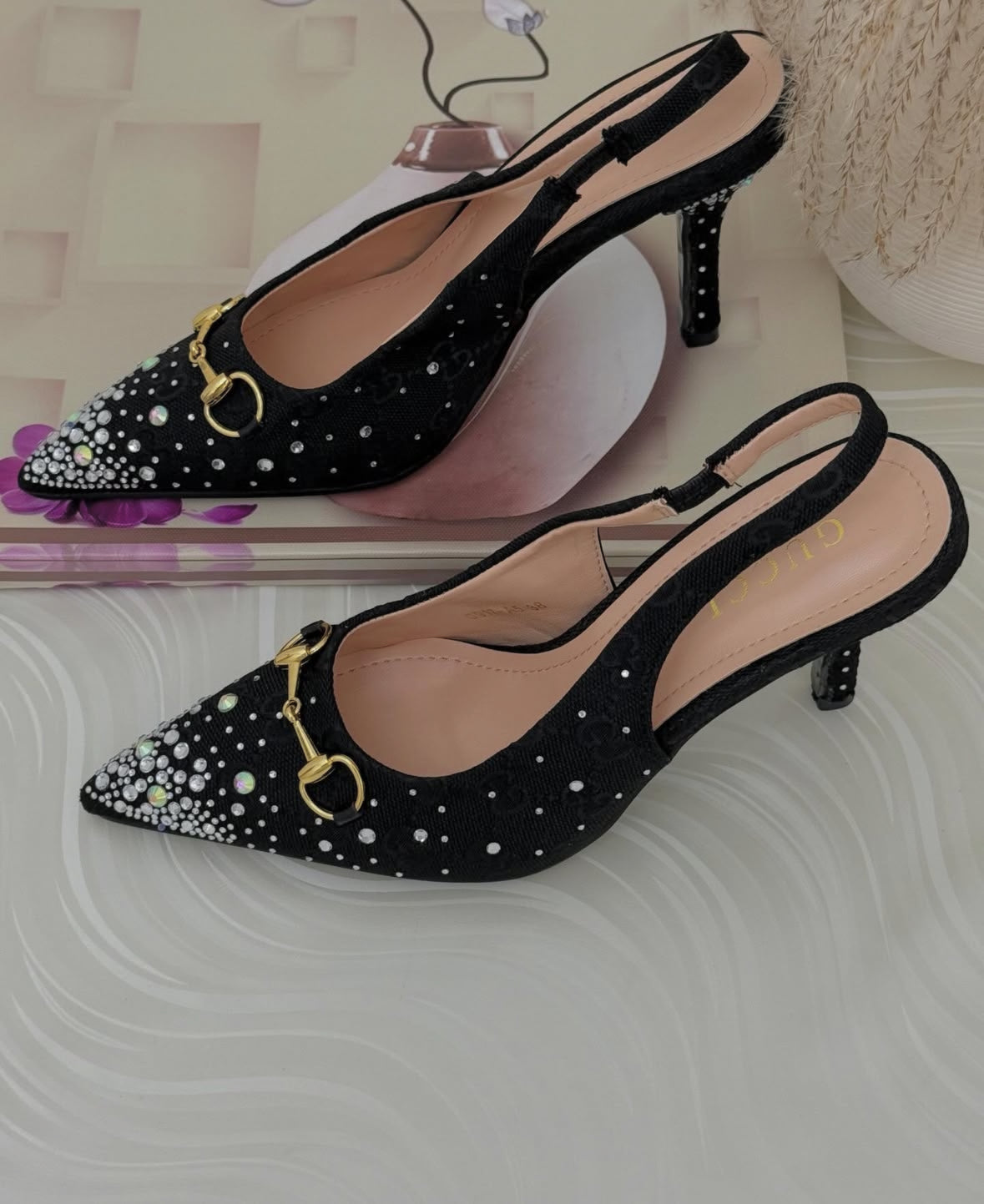 Gucci Horsebit GG Canvas Crystal-Embellished Slingback Pumps