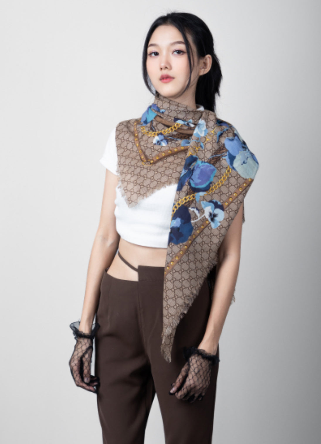 GUCCI BICOLOR GG FLORAL SCARF PRINT BLUE