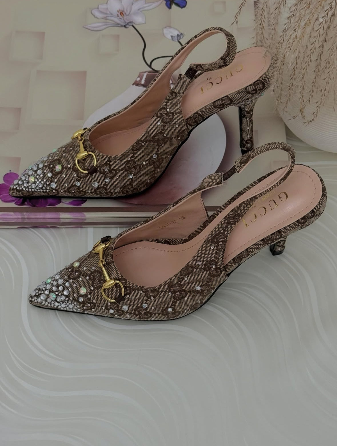 Gucci Horsebit GG Canvas Crystal-Embellished Slingback Pumps