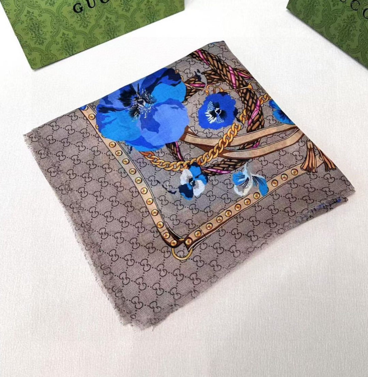 GUCCI BICOLOR GG FLORAL SCARF PRINT BLUE