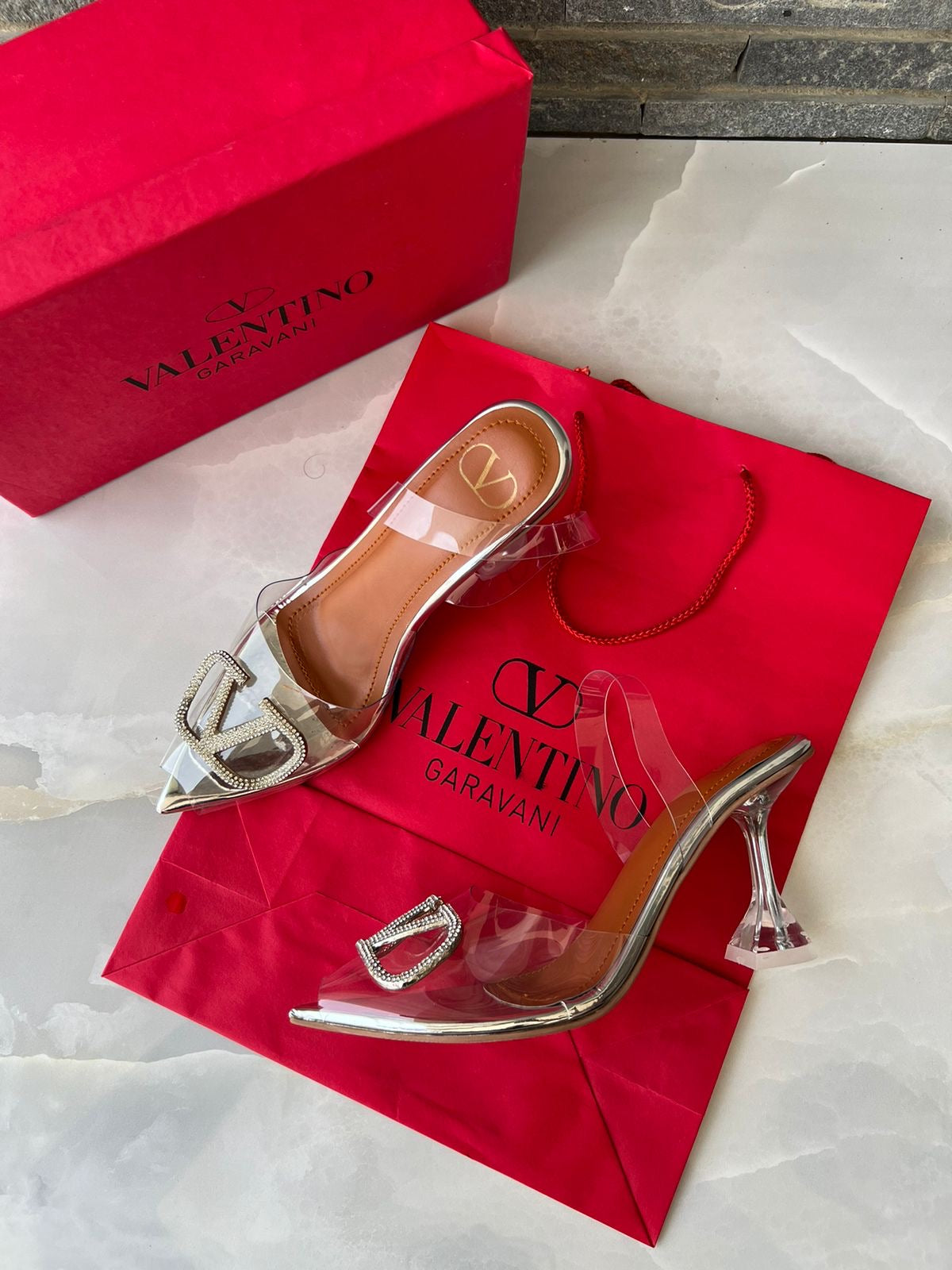 V Logo Stone Heels