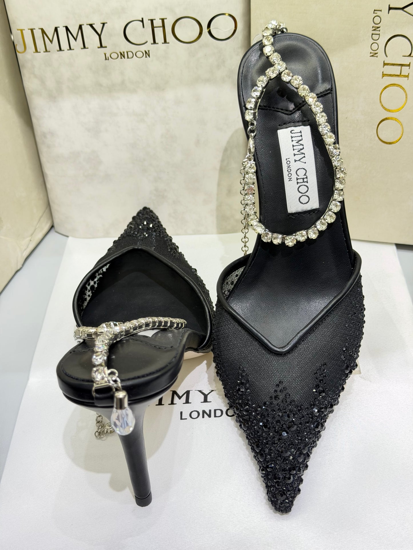 JIMMY CHOO SAEDA 100 CRYSTAL MESH PUMPS WITH A CRYSTAL ANKLE BRACELET STRAP