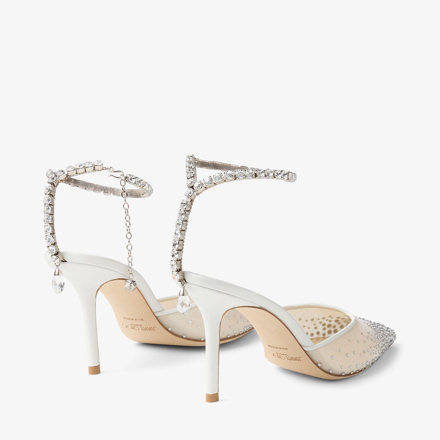 JIMMY CHOO SAEDA 100 CRYSTAL MESH PUMPS WITH A CRYSTAL ANKLE BRACELET STRAP