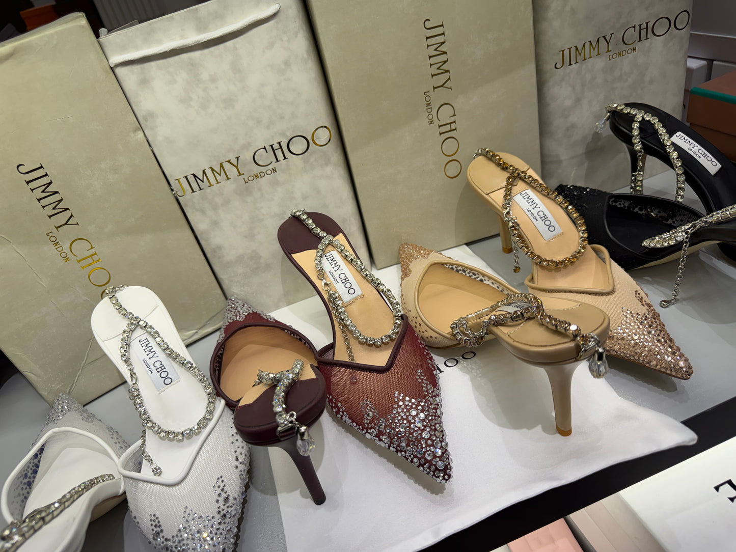 JIMMY CHOO SAEDA 100 CRYSTAL MESH PUMPS WITH A CRYSTAL ANKLE BRACELET STRAP