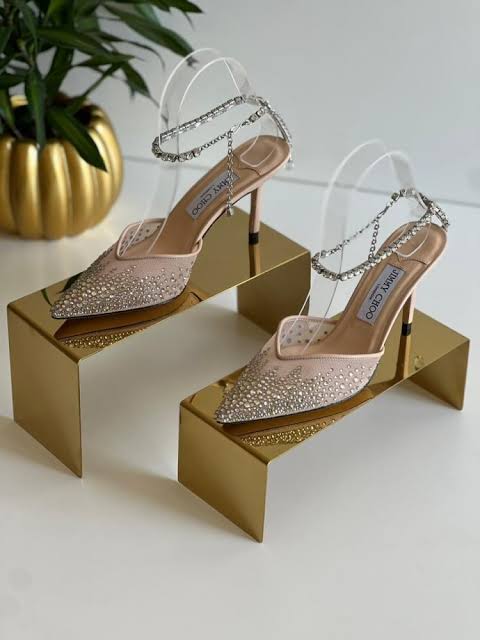 JIMMY CHOO SAEDA 100 CRYSTAL MESH PUMPS WITH A CRYSTAL ANKLE BRACELET STRAP