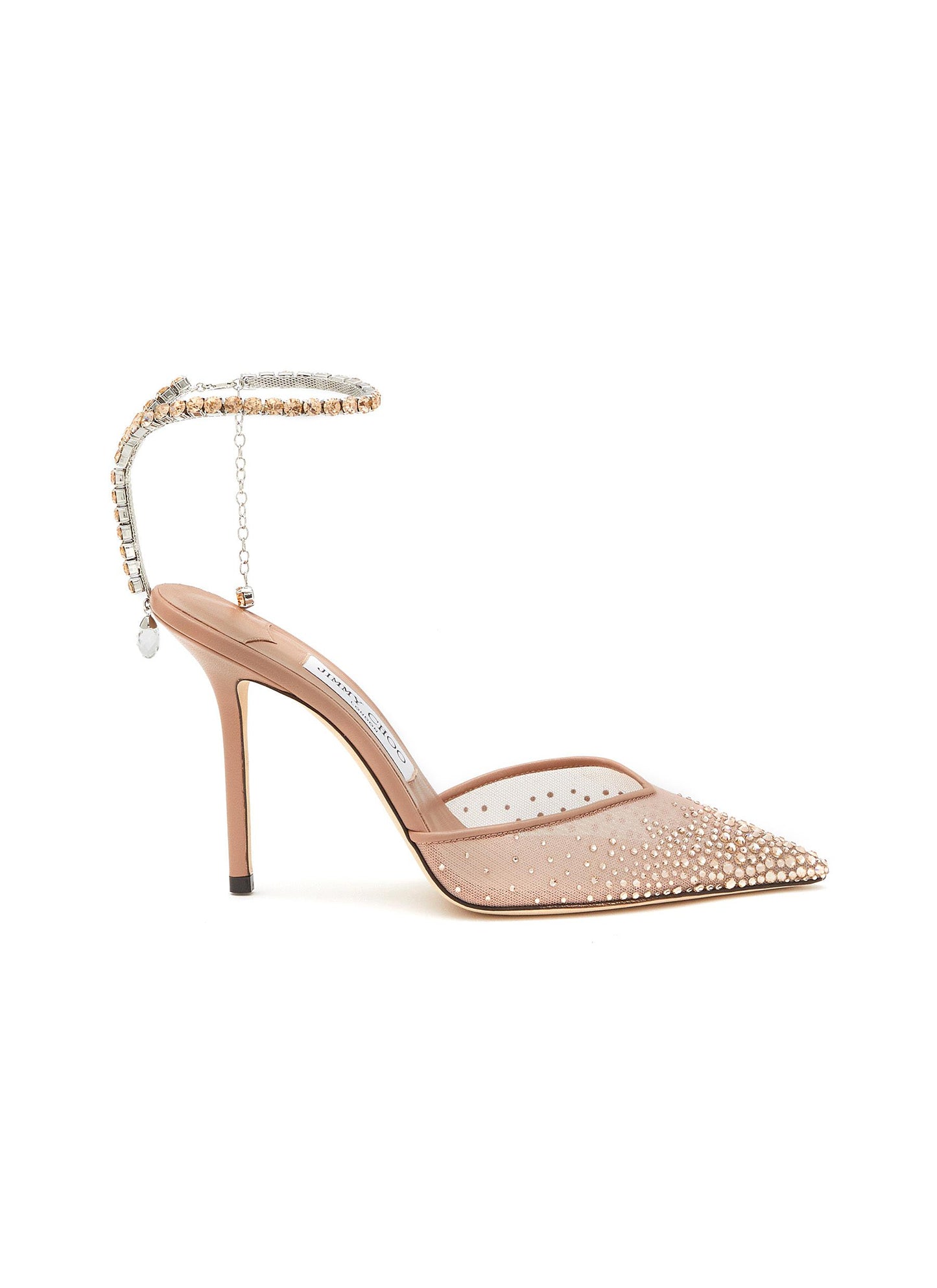 JIMMY CHOO SAEDA 100 CRYSTAL MESH PUMPS WITH A CRYSTAL ANKLE BRACELET STRAP