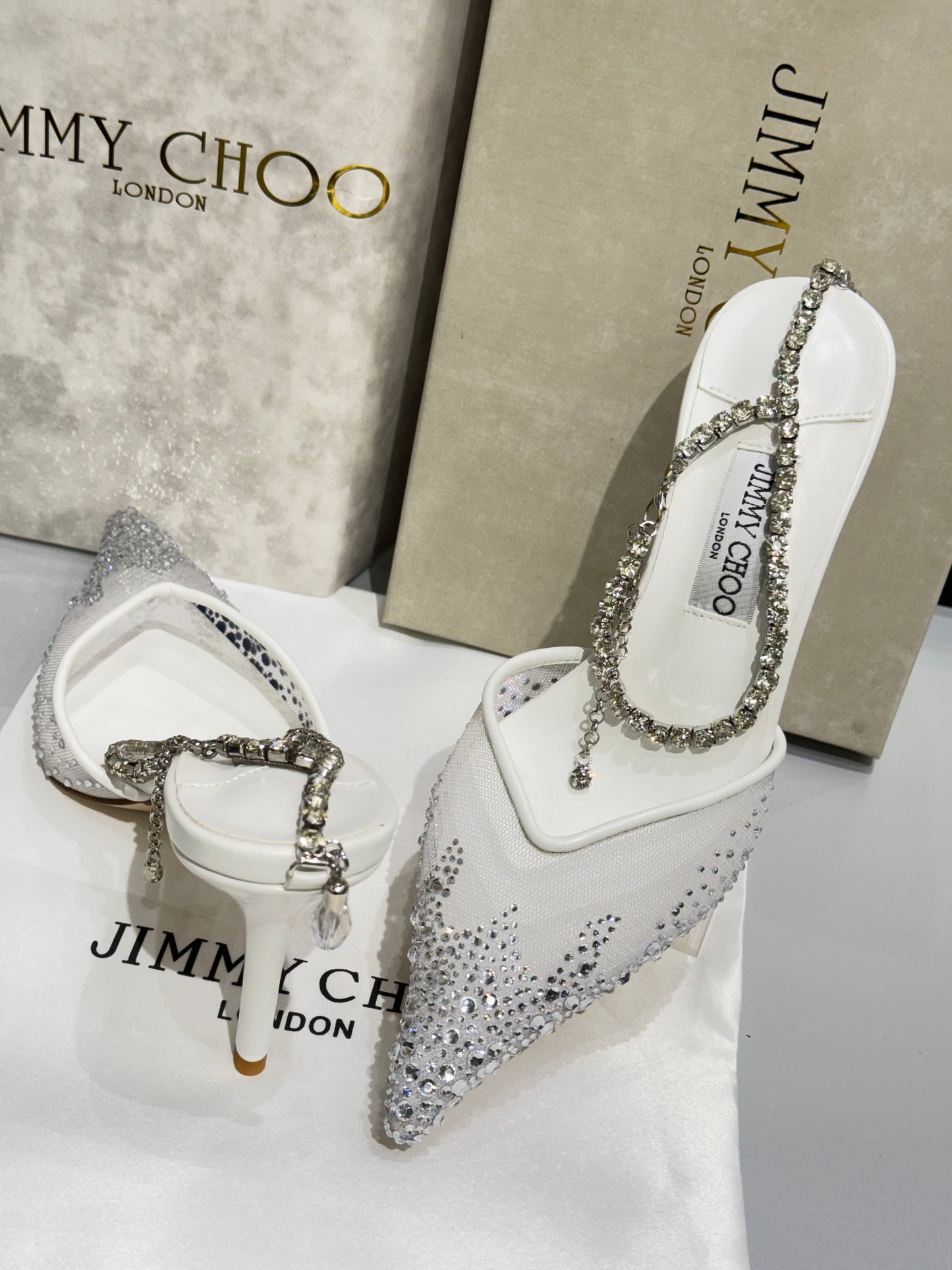 JIMMY CHOO SAEDA 100 CRYSTAL MESH PUMPS WITH A CRYSTAL ANKLE BRACELET STRAP