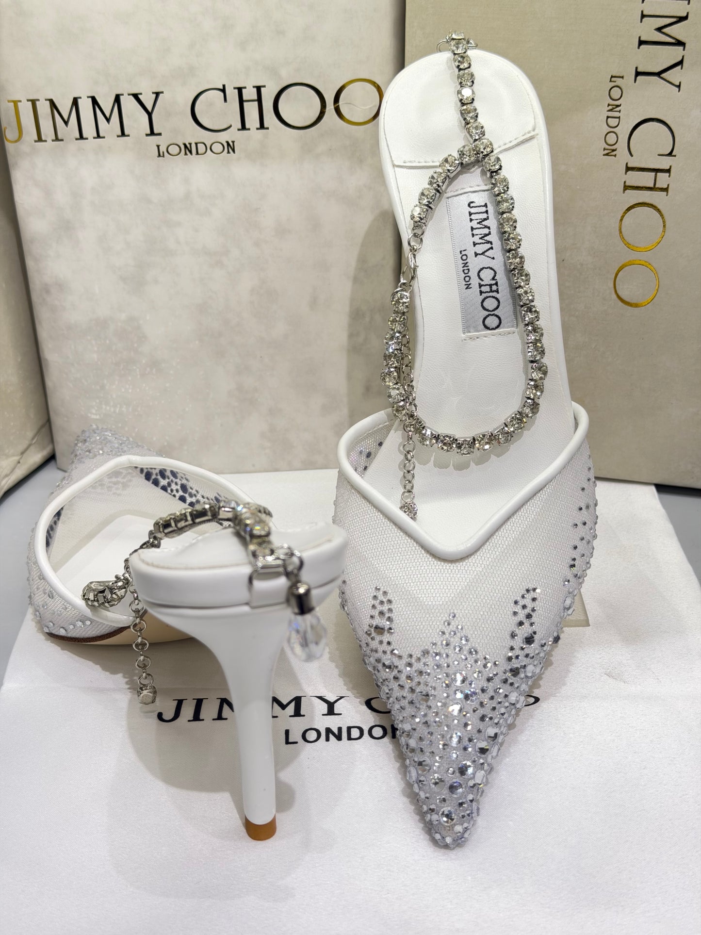 JIMMY CHOO SAEDA 100 CRYSTAL MESH PUMPS WITH A CRYSTAL ANKLE BRACELET STRAP