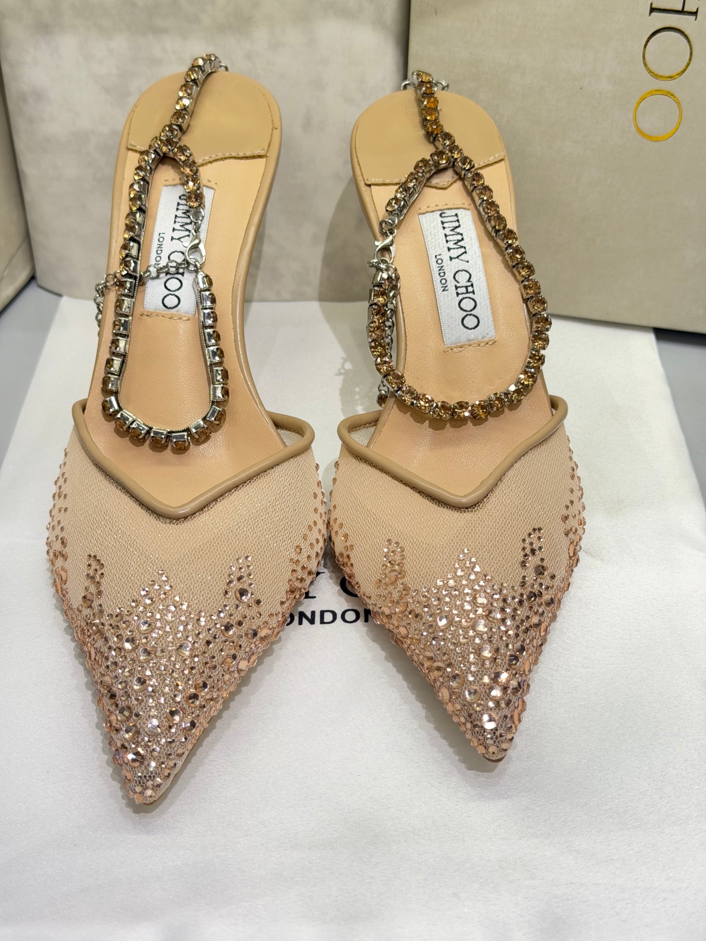 JIMMY CHOO SAEDA 100 CRYSTAL MESH PUMPS WITH A CRYSTAL ANKLE BRACELET STRAP