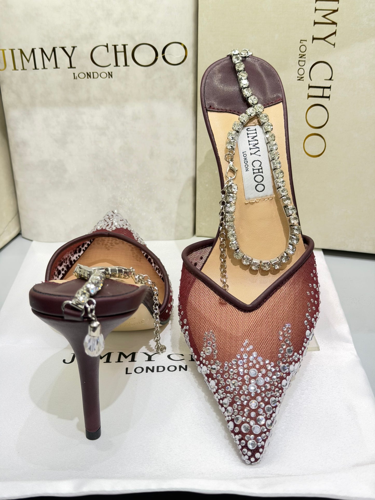 JIMMY CHOO SAEDA 100 CRYSTAL MESH PUMPS WITH A CRYSTAL ANKLE BRACELET STRAP